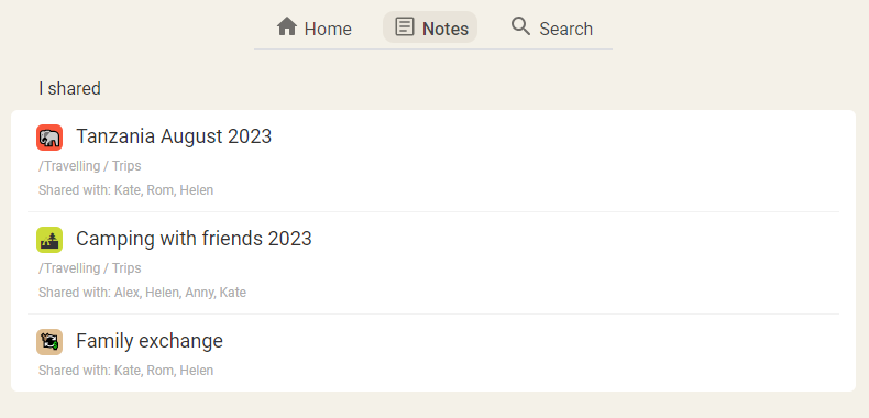 notes and folders shared by user